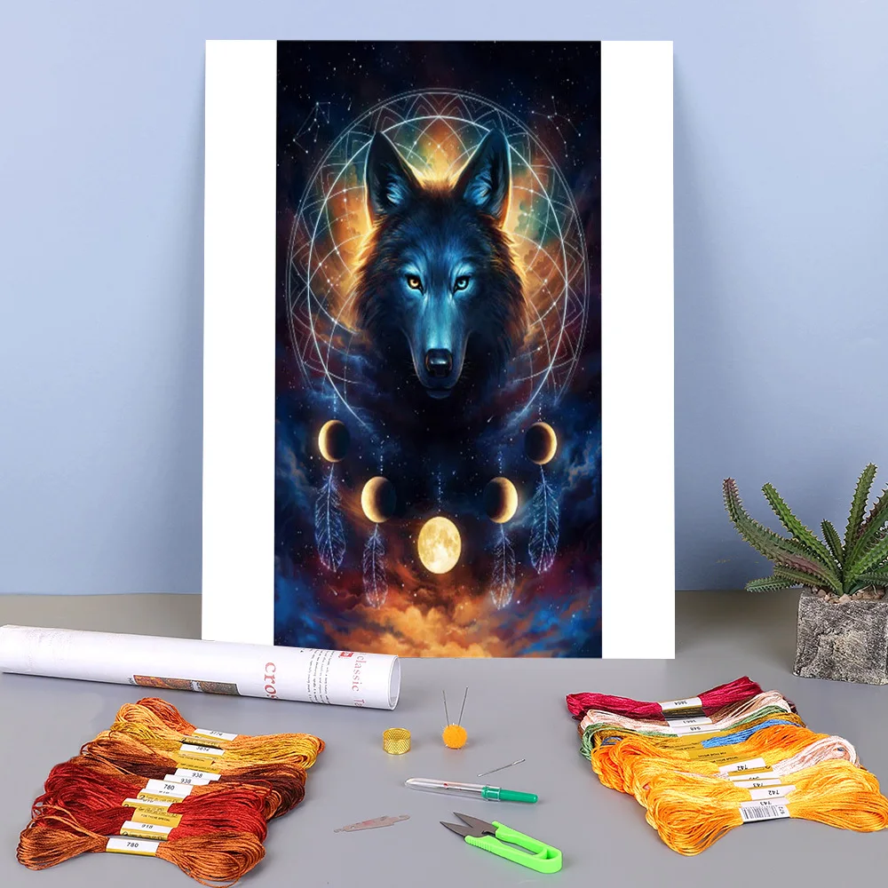 

Animal Black Wolf Printed Fabric 11CT Cross-Stitch Set Embroidery DMC Threads Handiwork Sewing Handmade Knitting Magic Package