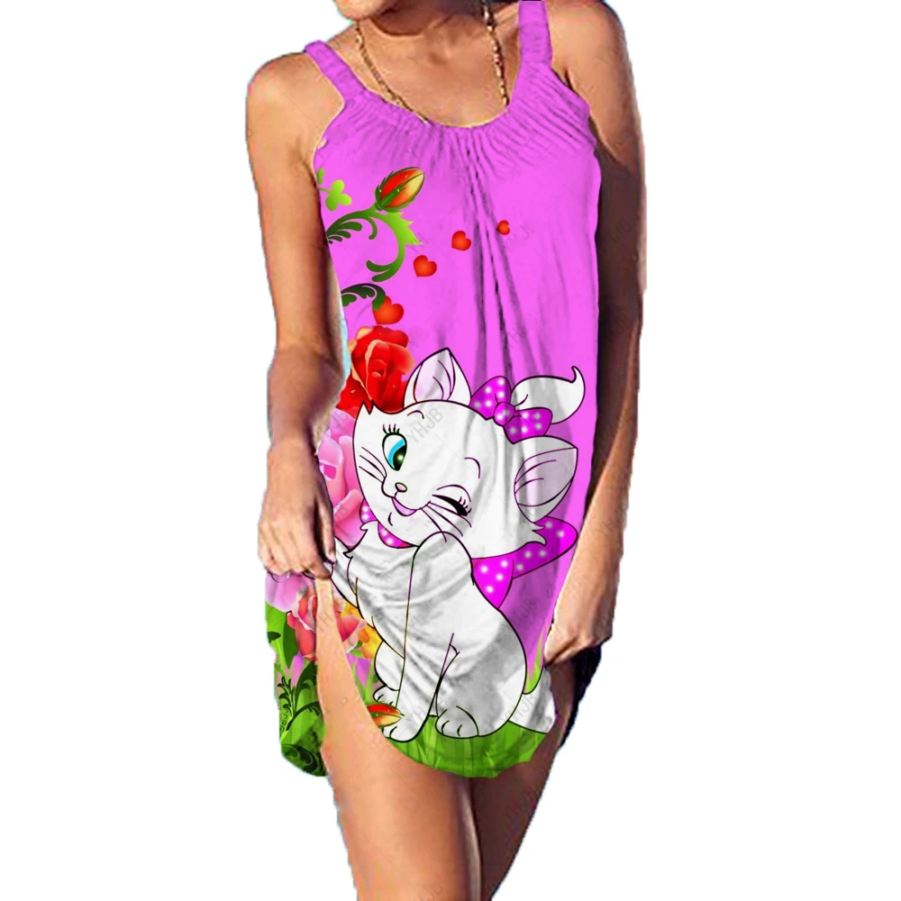 קיץ ליידי שמלת אנימציה קריקטורה חתול 3D הדפסת סקסי וחוף מזדמן כותונת שמלת שרוולים הברך אורך backlessl שמלה