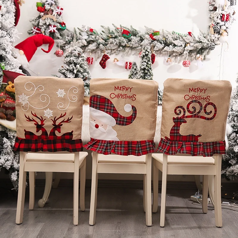 

HOT Christmas Daily Necessities Linen Embroidery Elk Chair Cover Restaurant Star Hotel Back Table And Chair Decoration