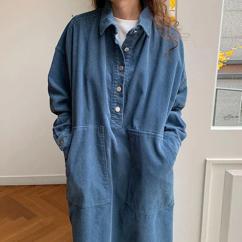 

Clothland Women Elegant Corduroy Dress Loose Style Straight Long Sleeve Vintage Ankle Length Dresses Vestido Maxi QB517