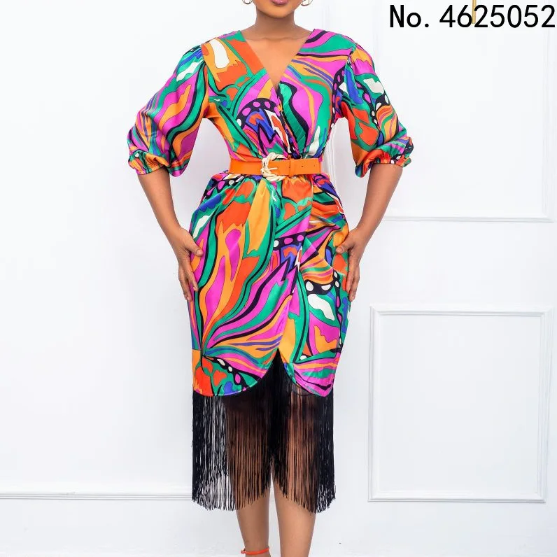 

African Dresses For Women Summer Autumn Africa Clothing Lantern Half Sleeve Sexy Tassel V-Neck Slim Office Lady Party Midi Dress