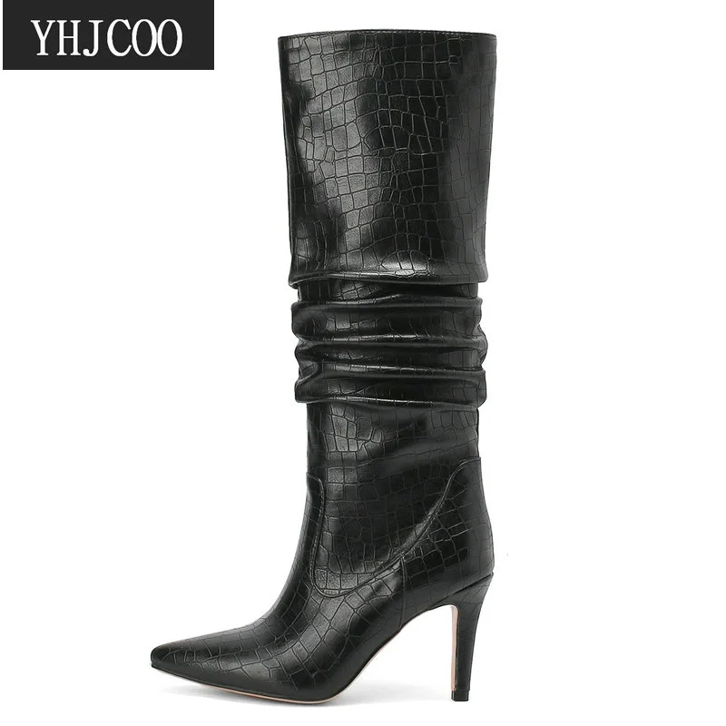 

Женские сапоги с острым носком, черные плиссированные сапоги до колена на тонком каблуке, теплые сапоги до середины икры, новинка зимнего сезона 2021