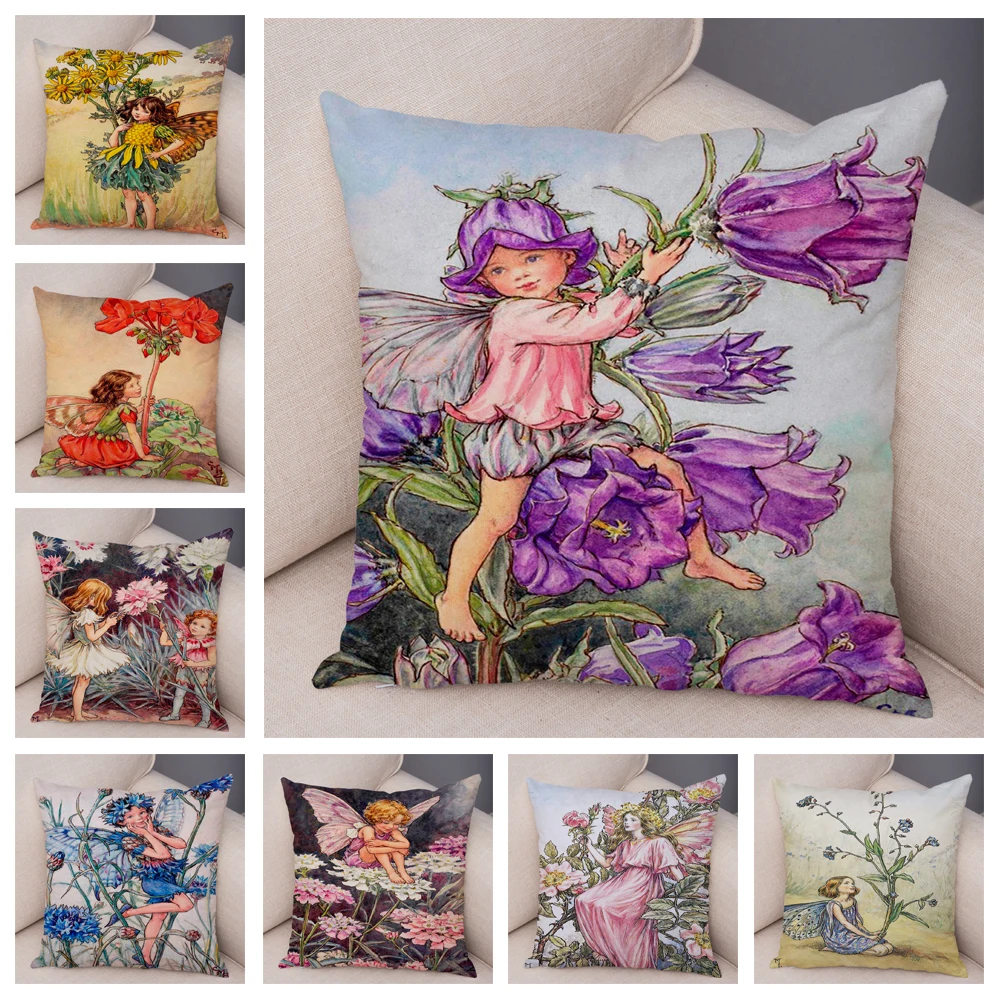 

Colorful Fairy Tale World Elves Cushion Cover Decor Cute Cartoon Flower Girl Pillow Case for Sofa Home Polyester Pillowcase