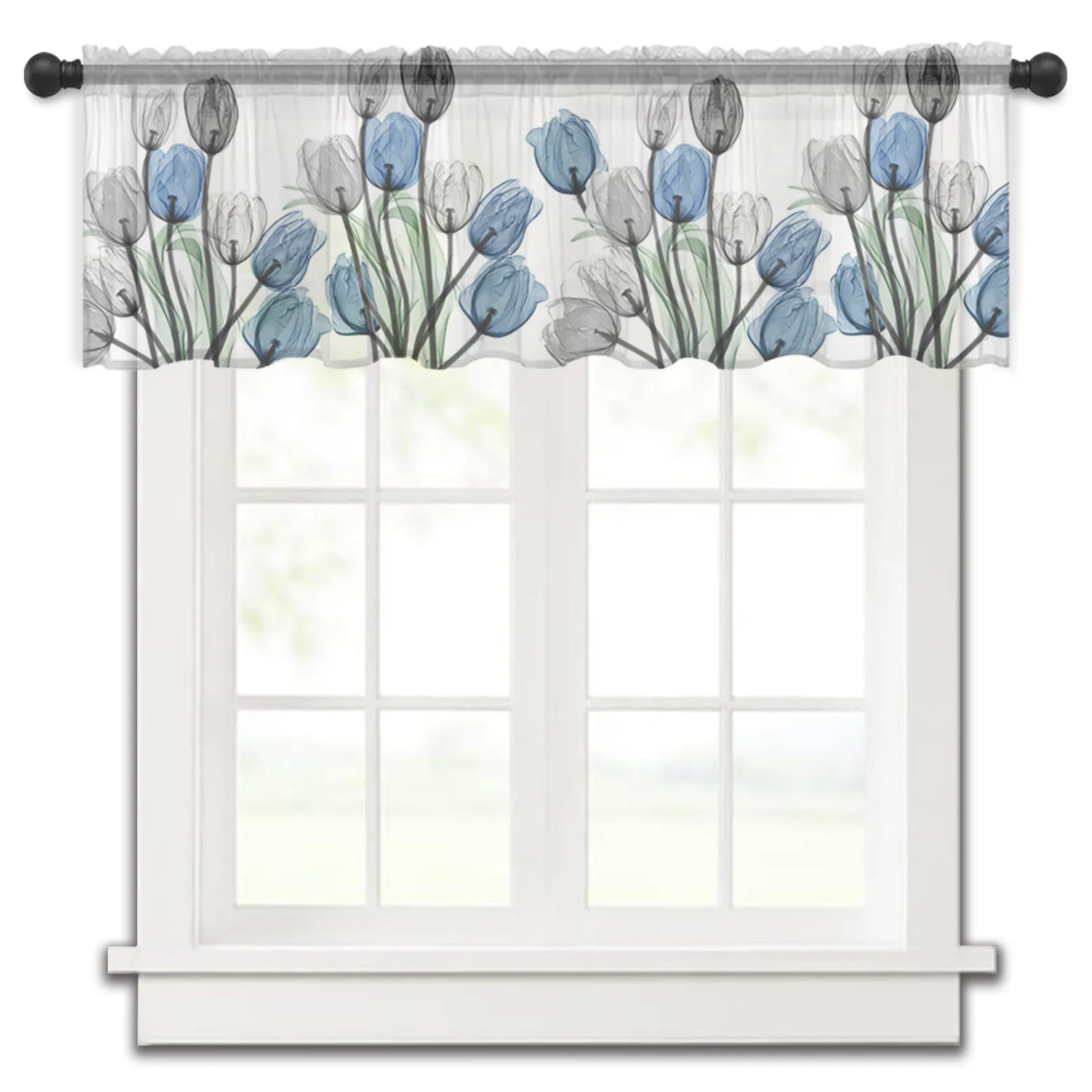 

Flower Idyllic Grey Blue Tulip Kitchen Small Curtain Tulle Sheer Short Curtain Bedroom Living Room Home Decor Voile Drapes