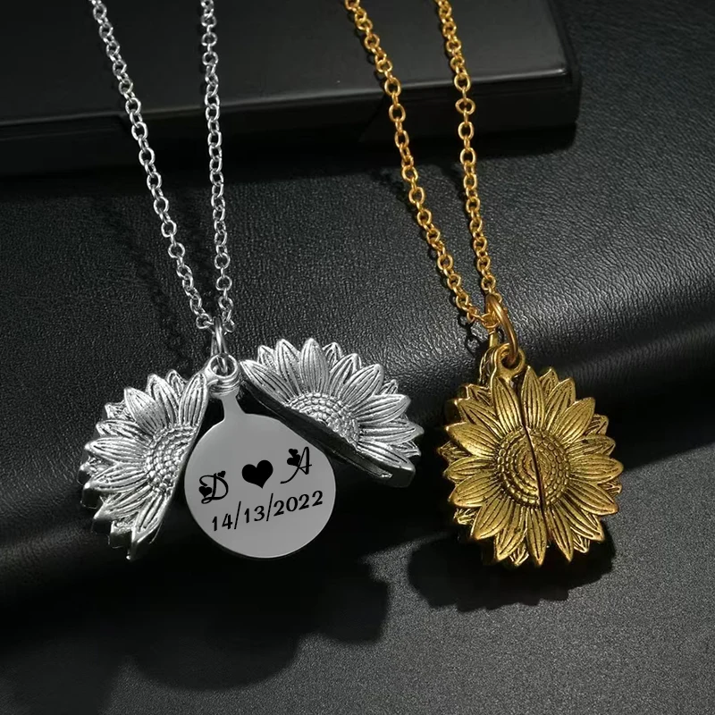 

NUOBING Personalized Engrave Name Date Sun Flower Necklace Fashion Custom Text for Women Men Choker Chain Jewelry Charm Gift