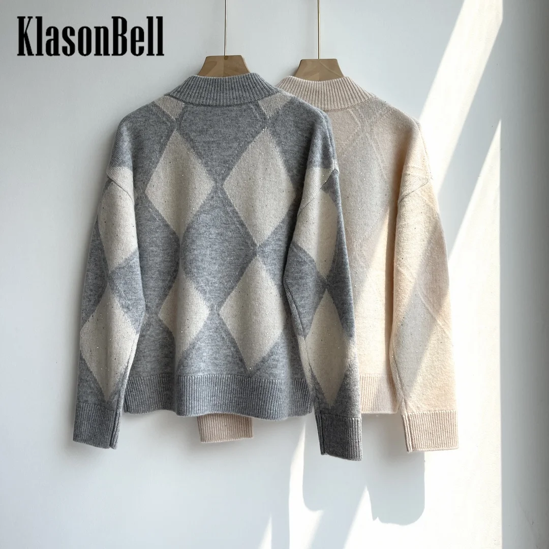 10.29 KlasonBell блестки вышивка Argyle клетчатый свитер с высоким воротником осень-зима