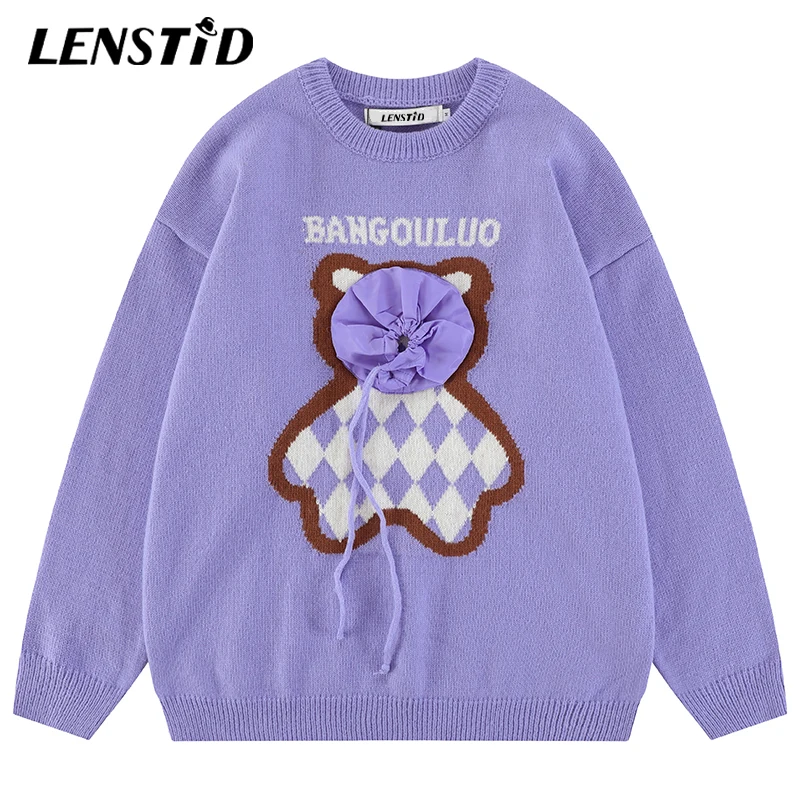 

LENSTID Autumn Men Knitted Sweaters Hip Hop Funny Bear Black Jumper Streetwear Harajuku Fashion Casual Pullovers Knit Clothing