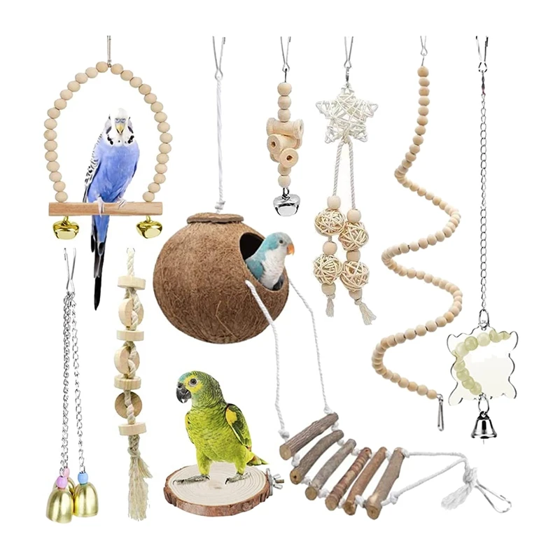 

9 Pcs Parrots Chewing Natural Wood and Rope Bird Toy Coconut Hideaway with Ladder,Bird Perch Stand,Bird Cage Accessories