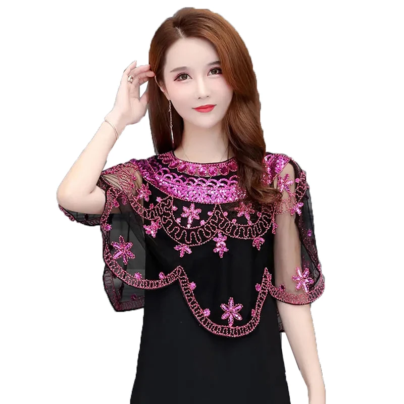 

Fashion Mesh Sequins Shawl Jacket Women's Summer Cloak Coat Thin Lace Sun Protection Outerwear Tops Female 2023 New