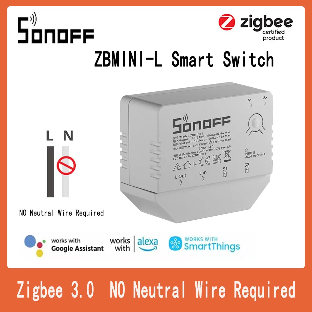 

Умный выключатель SONOFF ZBMINI-L Zigbee, не требует нейтрального провода, одноклавишное двухстороннее управление через приложение eWeLink, поддержка ...
