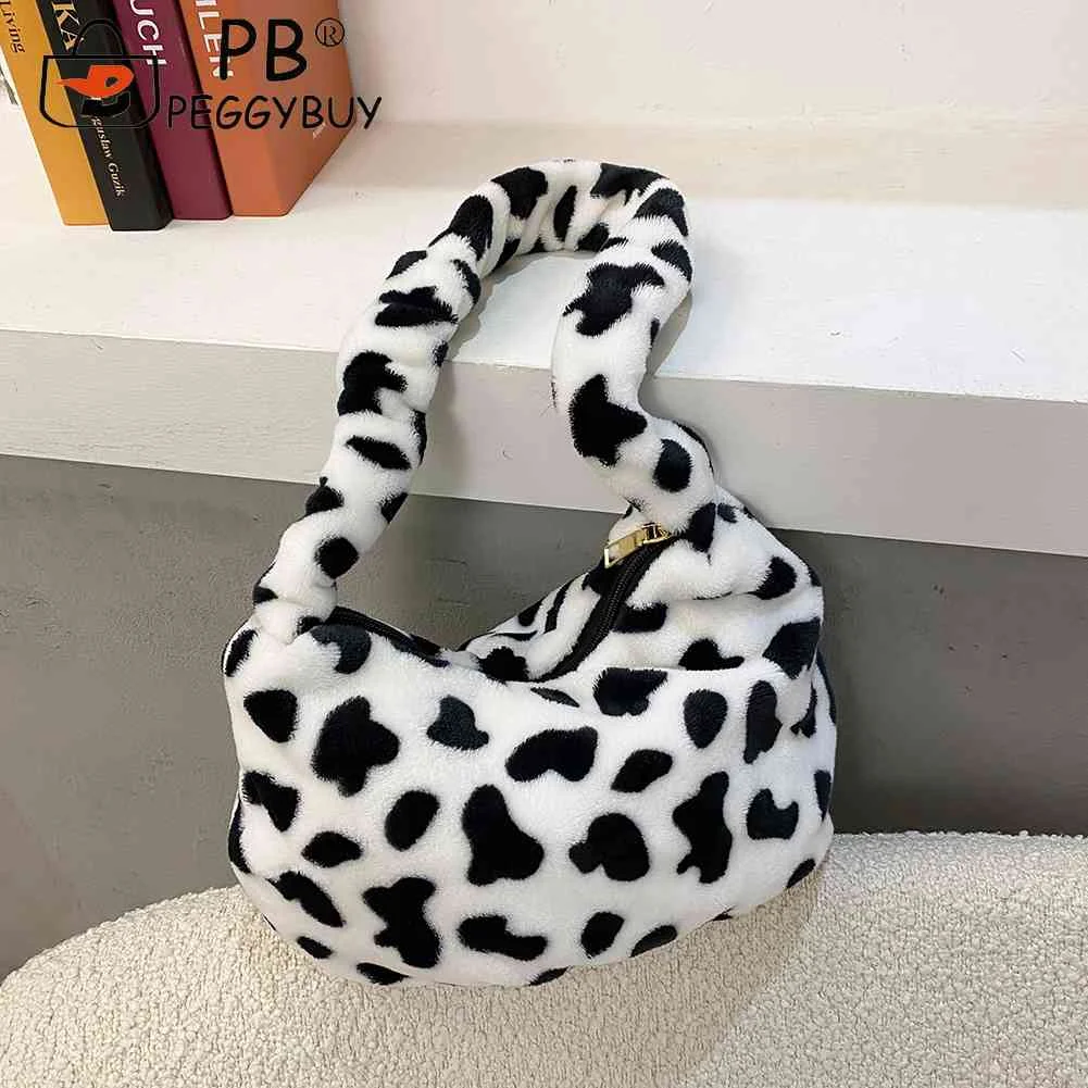 

Winter Plush Shoulder Dumpling Totes Cow Printed Underarm Bag High Quality Comfort Plush for Female Mobile Large Capac Bag