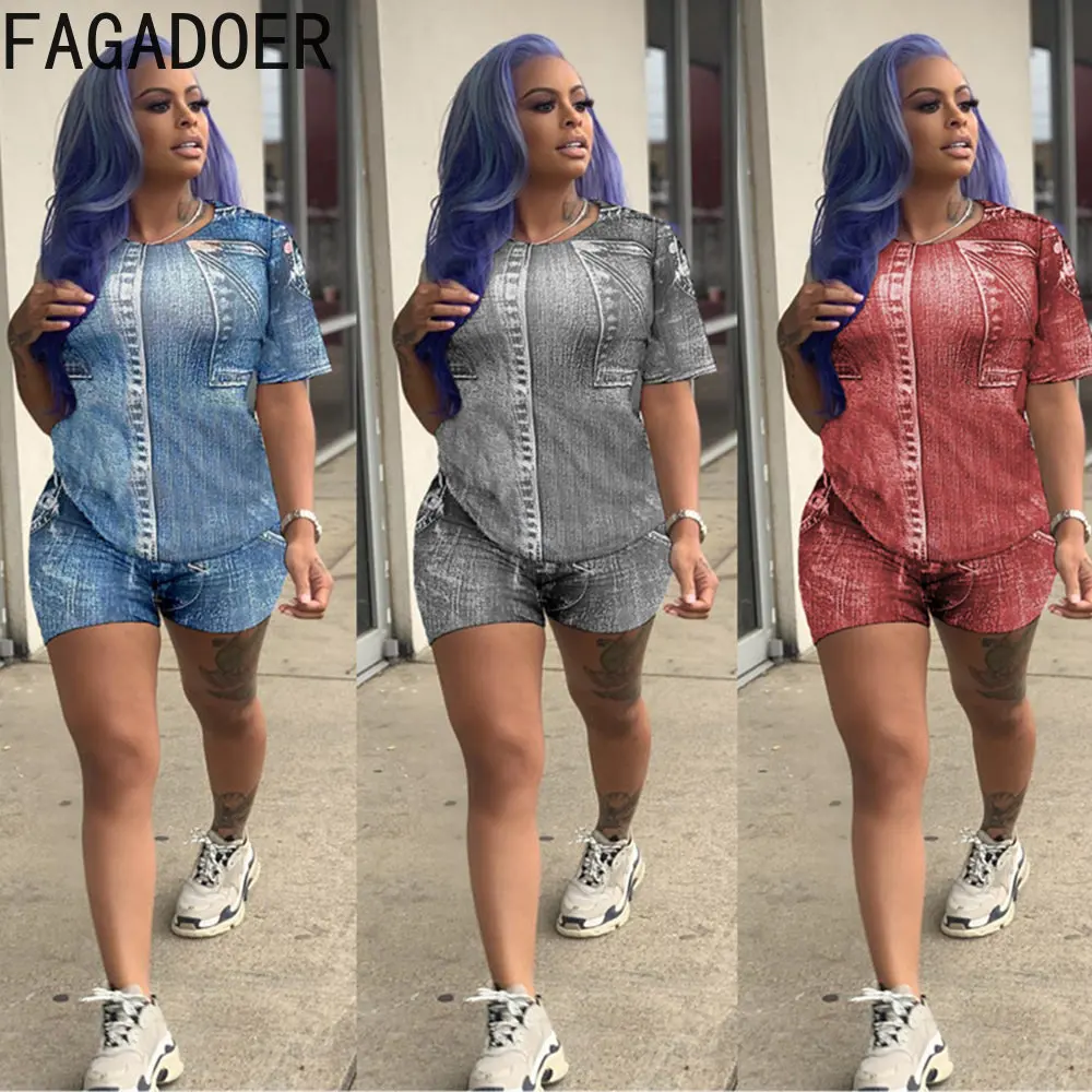 

FAGADOER Casual Printing Shorts Sets Women Round Neck Tshirt And Biker Shorts Two Piece Tracksuits Summer Sporty 2pcs Outfits