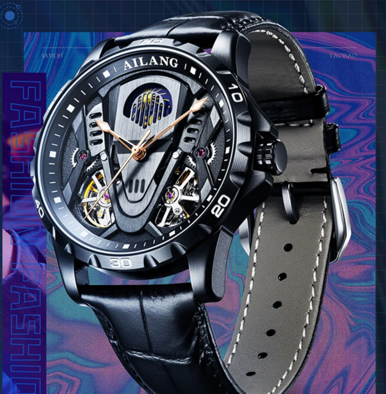 

Fashion trend men's hollow out double tourbillon fully automatic mechanical watch official genuine