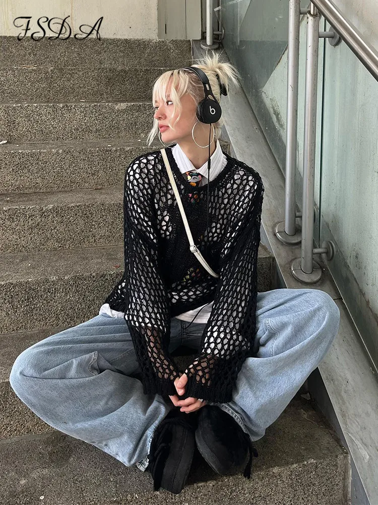 FSDA 2022 O Neck Hollow Out Long Sleeve T Shirts Oversized Summer See Through Black Y2K Vintage Sexy Tops Knitted Beach 90s