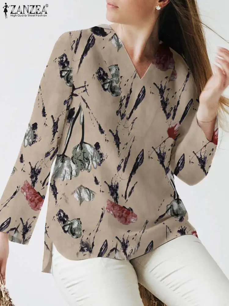 

Повседневная Блузка ZANZEA в богемном стиле 2022, женская рубашка с цветочным принтом, Осенние Топы с длинным рукавом и V-образным вырезом, женски...