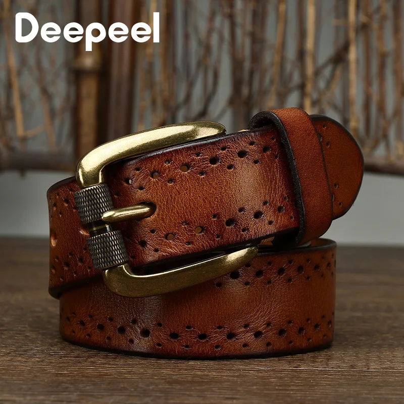 Deepeel 3.8cm Wide New 105-125cm Male Retro Genuine Leather Belt Hollow Top Layer Cowhide Pin Buckle Belts Men's Jeans Waistband