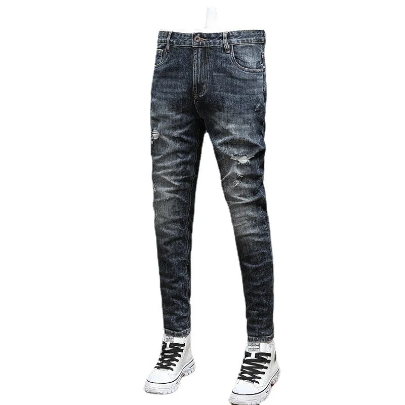 Fashion Designer Men Jeans Vintage Blue Stretch Elastic Slim Fit Ripped Jeans Men Hole Trousers Casual Retro Denim Pants Hombre