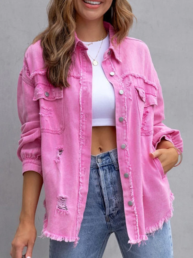 

Jean Jacket for Women Solid Color Long Sleeve Raw Edge Hole Denim Coat Spring Autumn Harajuku Loose Casual Jacket Women Street
