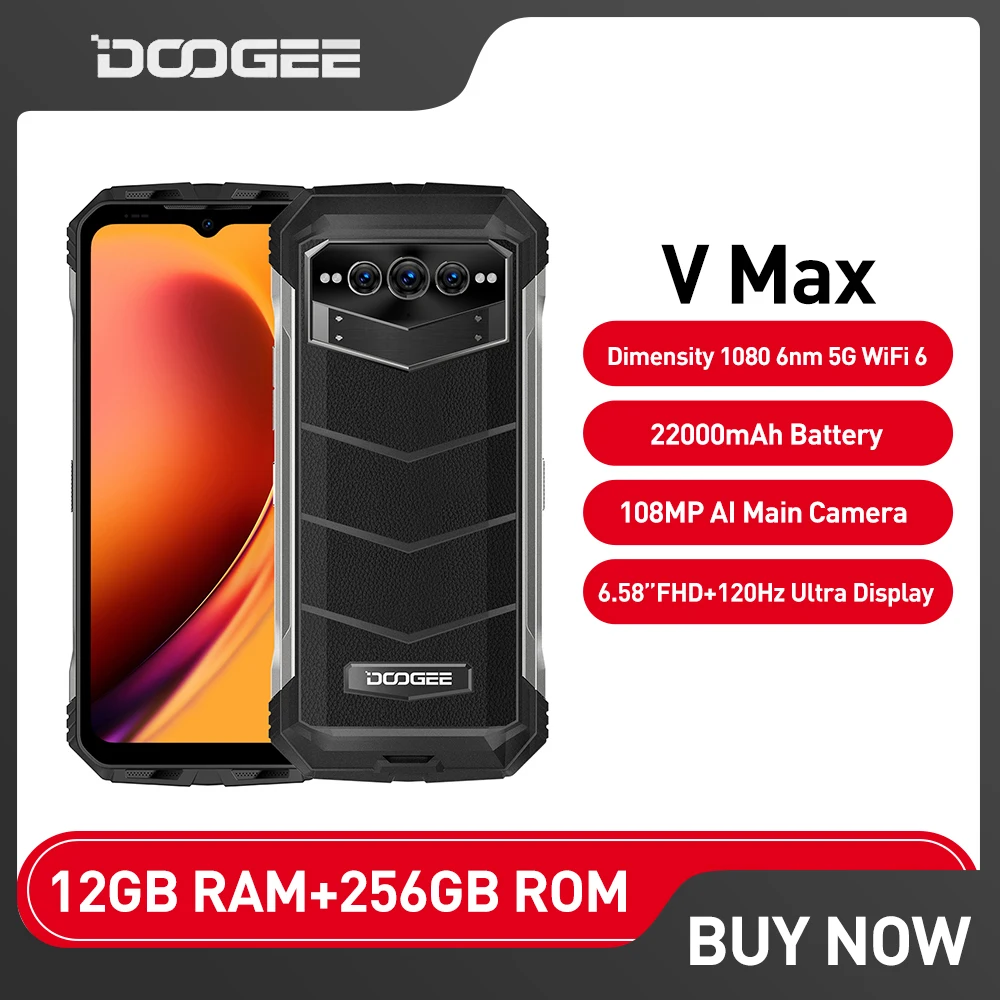 

Doogee-V Max 5G Rugged Phone, 22000mAh, 12GB + 256GB, 120Hz, Dimensity 1080, Hi-Res Smartphone, 108MP Camera, Cellphone
