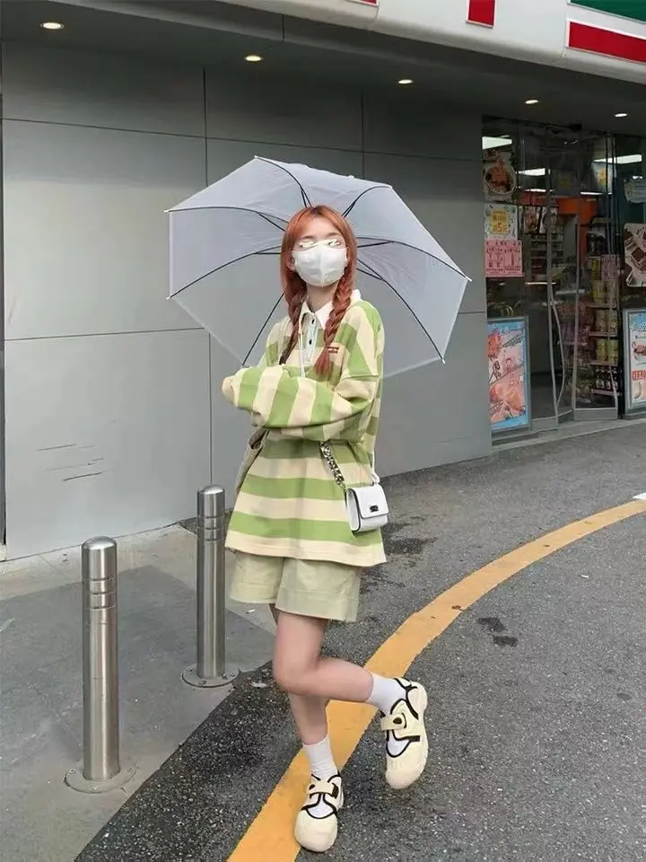 

Sweet Style Polo Collar Striped Ins Trend Hong Kong Style Autumn and Winter Tide Brand Long-sleeved Top Women