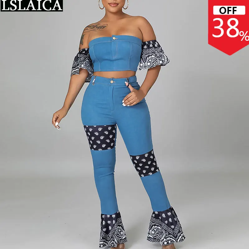 

Designer Clothes Women Luxury Summer 2022 Crop Tops and Flare Pants Fashion Loungewear Off Shoulder Sexy Party Club 2 Piece Sets