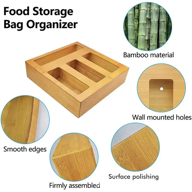 

1pc bamboo household goods distributor storage box food storage bag storage rack for Kitchen Storage Bag Holders for Gallon Bag