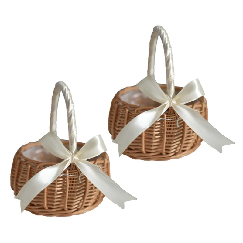 

2X Woven Flower Basket Rattan Storage Basket Flower Girl Hand Basket Handmade Flower Basket With Bow, S