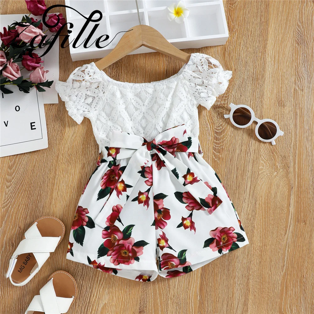

ZAFILLE Girls Jumpers Flowers Lace Overalls For Kids Toddler Costume Patchwork Baby Girls Belted Jumpsuit Summer Children Outfit
