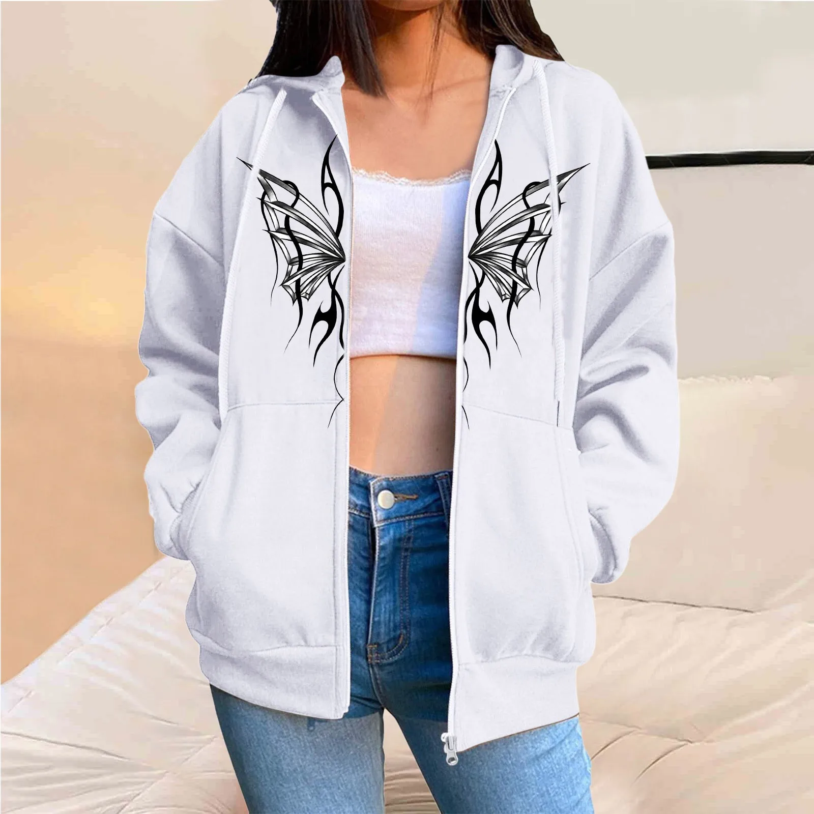 

Women Fashion Print Fleece Zip Sweatshirt With Pocket Sweatshirt Lady Shirt Casual