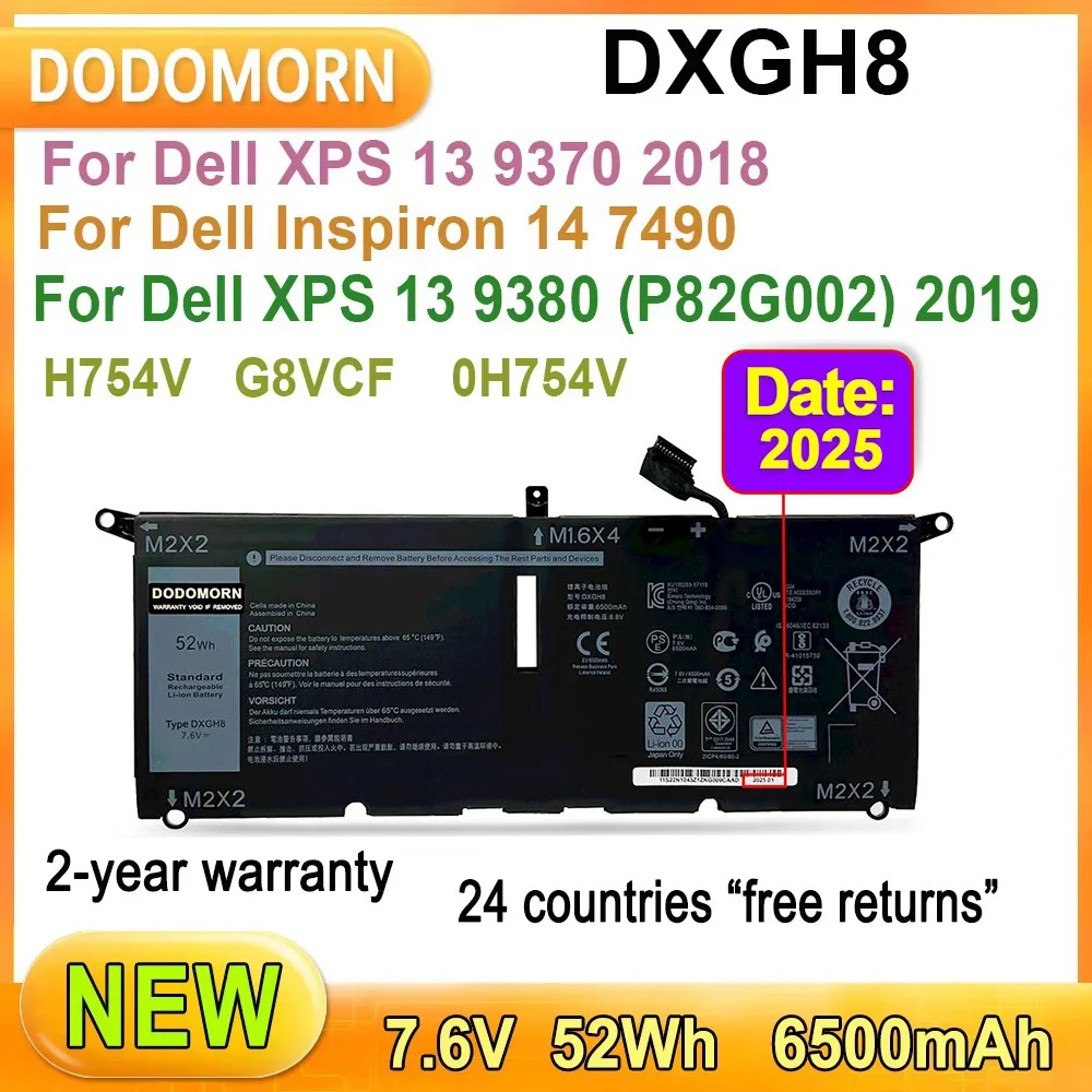 Фото Новый аккумулятор для ноутбука DXGH8 для Dell XPS 13 9370 2018, 9380 (P82G002) 2019,7390 (2019), Inspiron 7390 2-в-1,14 7490, H754V G8VCF 52 Втч №1
