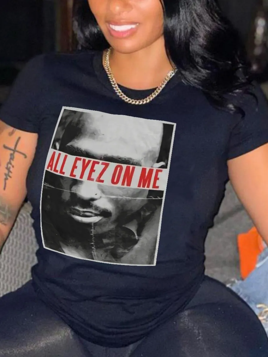 

LW Women's T-shirt Summer Short Sleeved Casual Round Neck Stretchy Hip-hop Clothing Fashion Figure Letter Print Female Tops