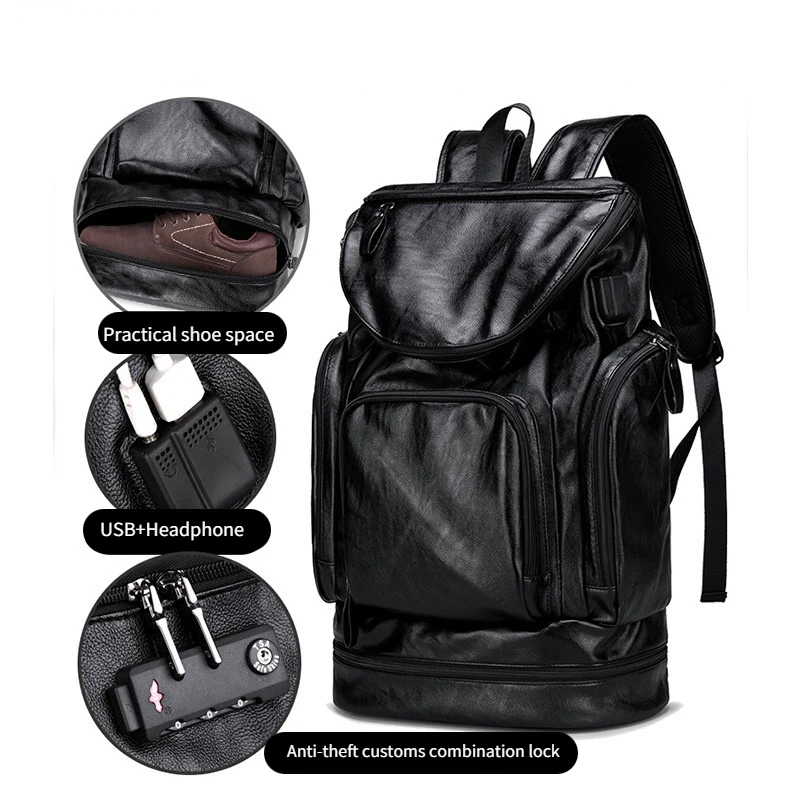 Men's Bag Business PU Leather Backpack Travel Bag USB Headphone Hole Storage Backpack Password Lock Shoe Bag Anti-theft Fashion