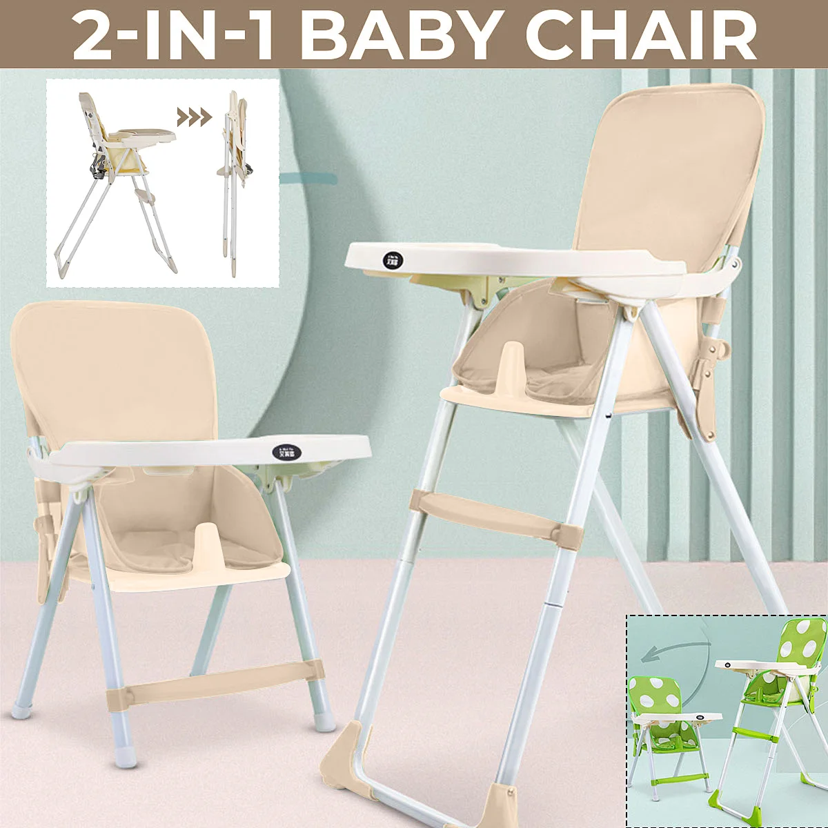 Baby High Chair with 3 Levels Adjustable Legs Portable Folding Tray Toddler Child Eat Feeding