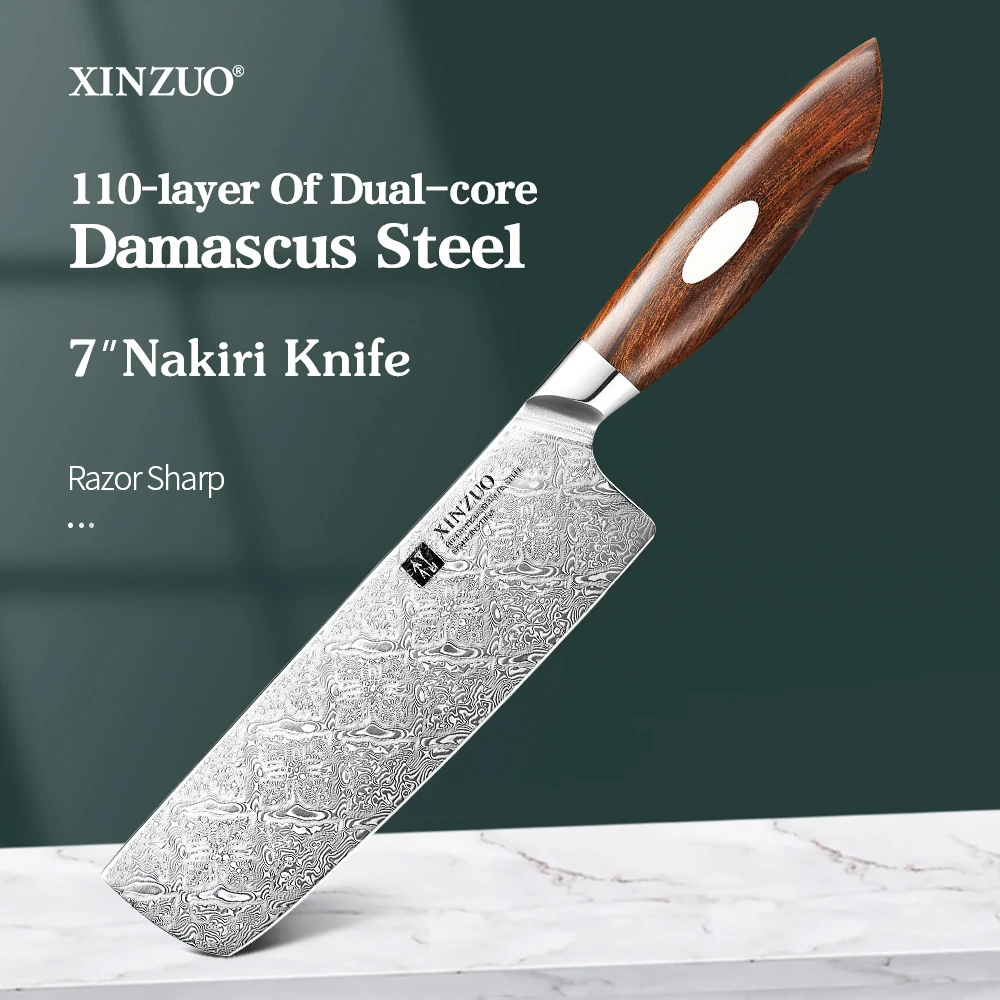 

New XINZUO 7" Nakiri Knife 110-layer Of Dual-core Damascus Steel Damascus Pattern Kitchen Knife Durable Chopping Knife