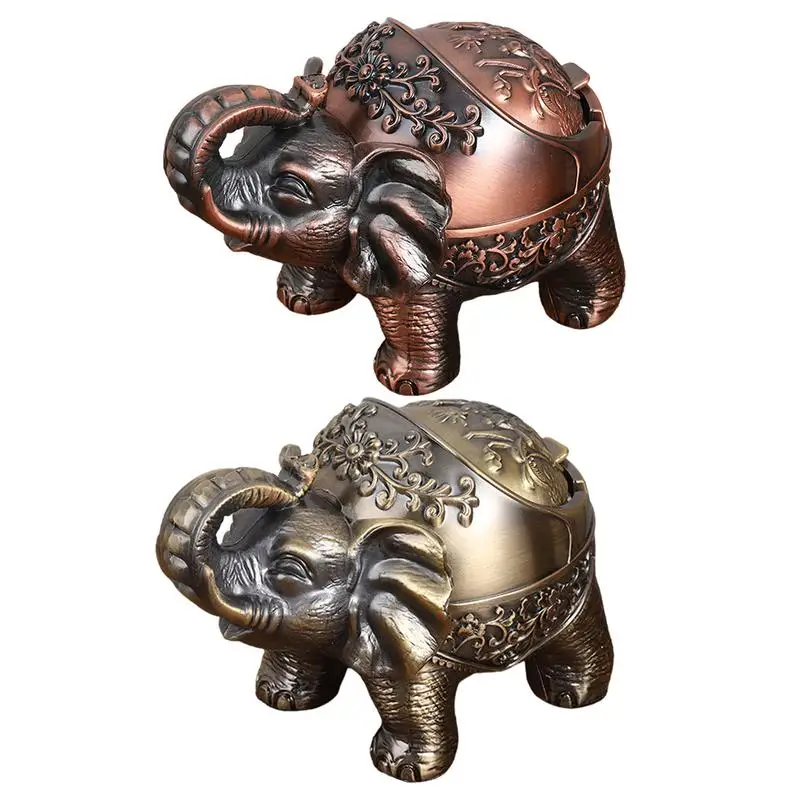 

Vintage Elephant Model Ashtray With Cover Decorative Metal Zinc Alloy Windproof Ash Tray Ornament Craft Accessories Gift