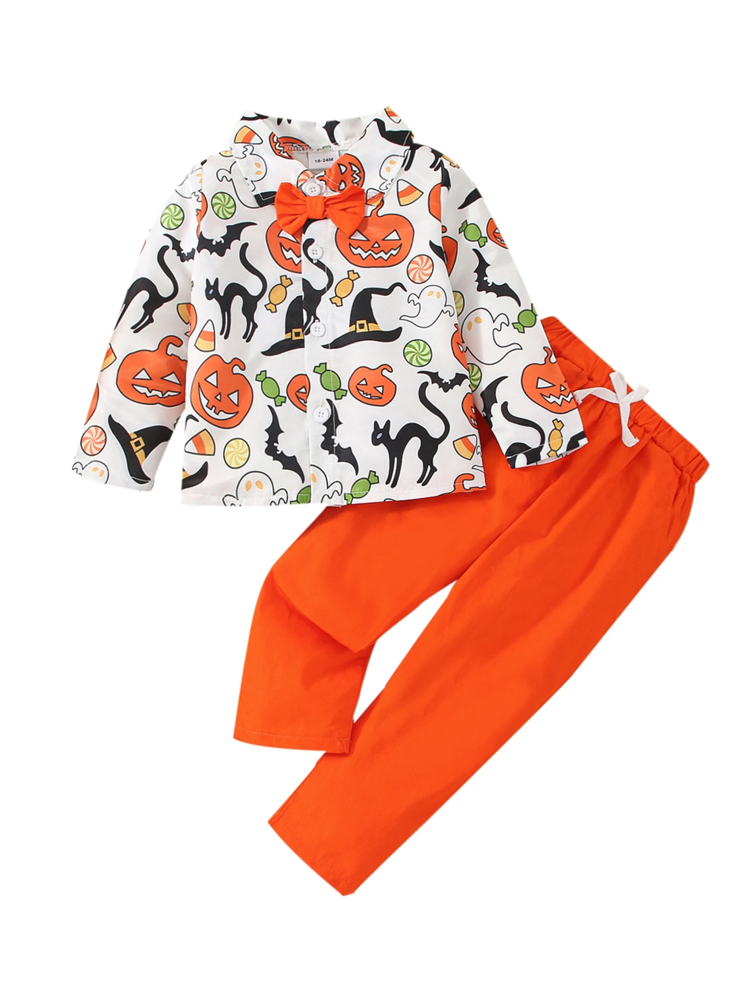 

2PCS Toddler Baby Boy Halloween Outfit Short Long Sleeve Cartoon Pumpkin Button Shirt Top Shorts Pants Gentleman Clothes