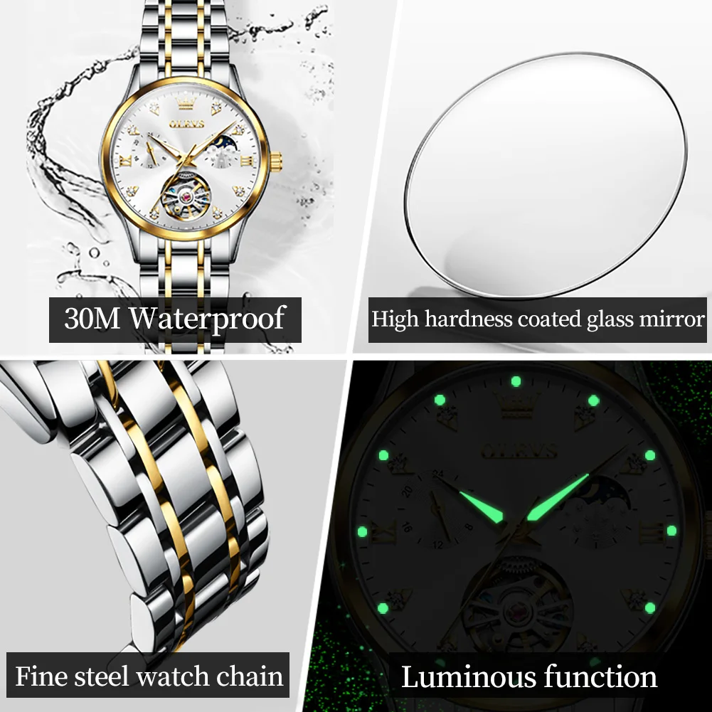 OLEVS6608 Женские роскошные механические наручные часы ударопрочные светящиеся