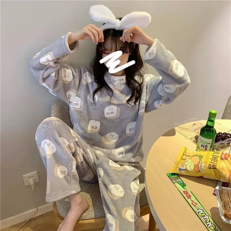 Flannel Women Pajamas Sets New 2023 Autumn Winter Warm Thick Coral Velvet Long Sleeve Cartoon Sleepwear Home Pijamas Set Girl