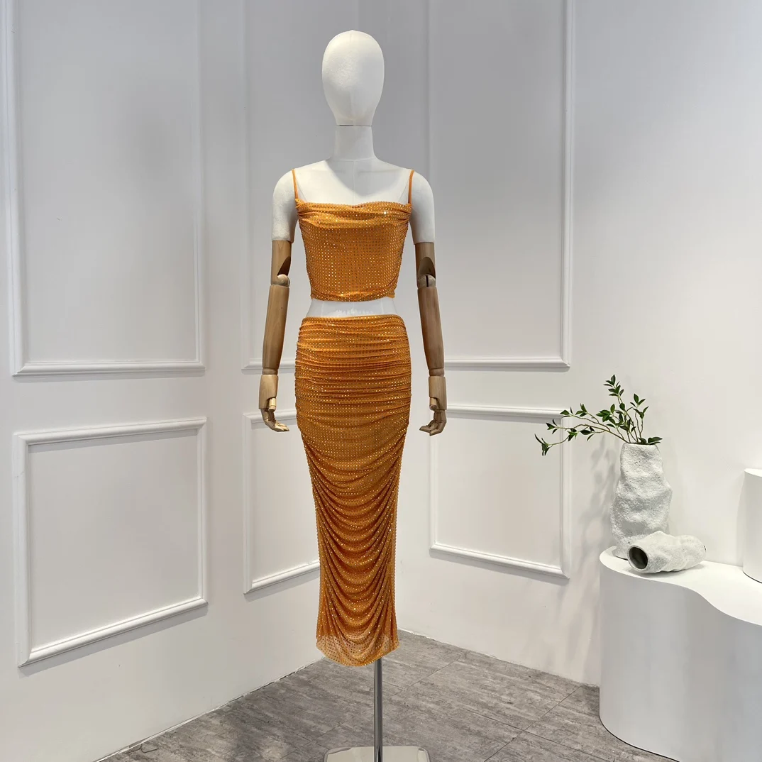 

High Quality Latest Collection 2023 Orange Diamonds Shining Slip Crop Top Slim Midi Ruched Skirt Matching Set Women