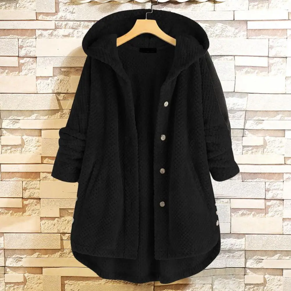 Women Winter Coat Single-breasted Placket Long Sleeves Hooded Hat Solid Color Thick Double-sided Plush Loose Warm Winter Jacket
