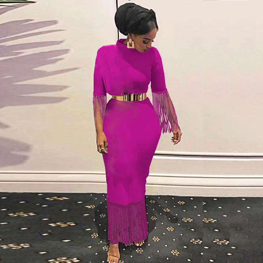 

Ladies Fringe Dress Evening Party Dress Women Elegant Turtleneck Half Sleeve Hollow Out Bodycon Dress Package Hip Tassel Dress