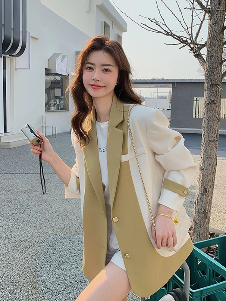 

Zoki Elegant Women Patchwork Blazers High Quality Korean Fashion Loose Casual Suit Coat Female Long Sleeve Design Sweet Jackets