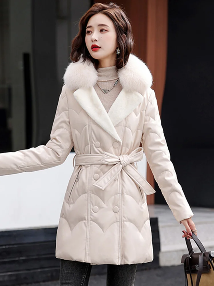 New Women Leather Down Coat Casual Fashion Real Fox Fur Turn-down Collar Belt Slim Sheepskin Down Outerwear Thicken Warm Jacket