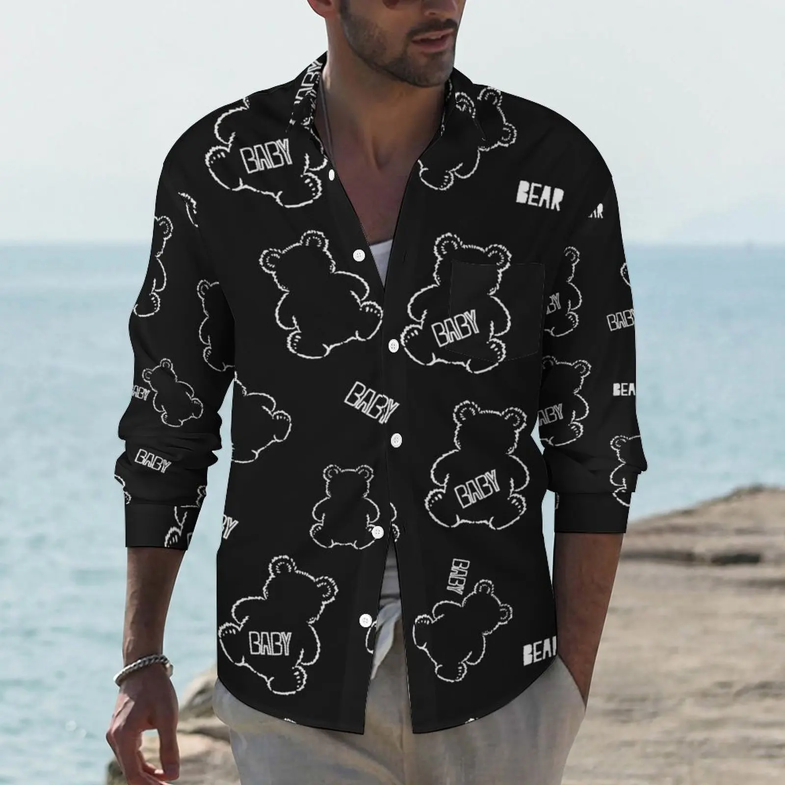 

Baby Bear Print Shirt Men Cute Animal Casual Shirts Spring Street Custom Blouses Long Sleeve Trendy Oversized Clothing Gift