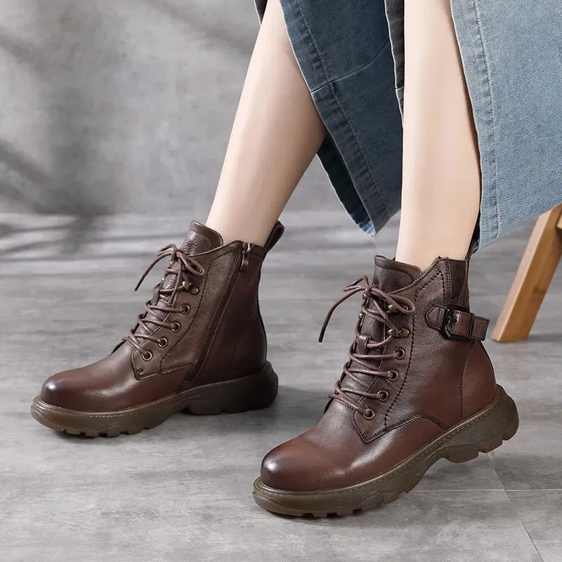 

Artistic Fashion Boots Women's Autumn Spring Genuine Leather Short Boots Lace up round Toe First Layer Cowhide Martin Boots