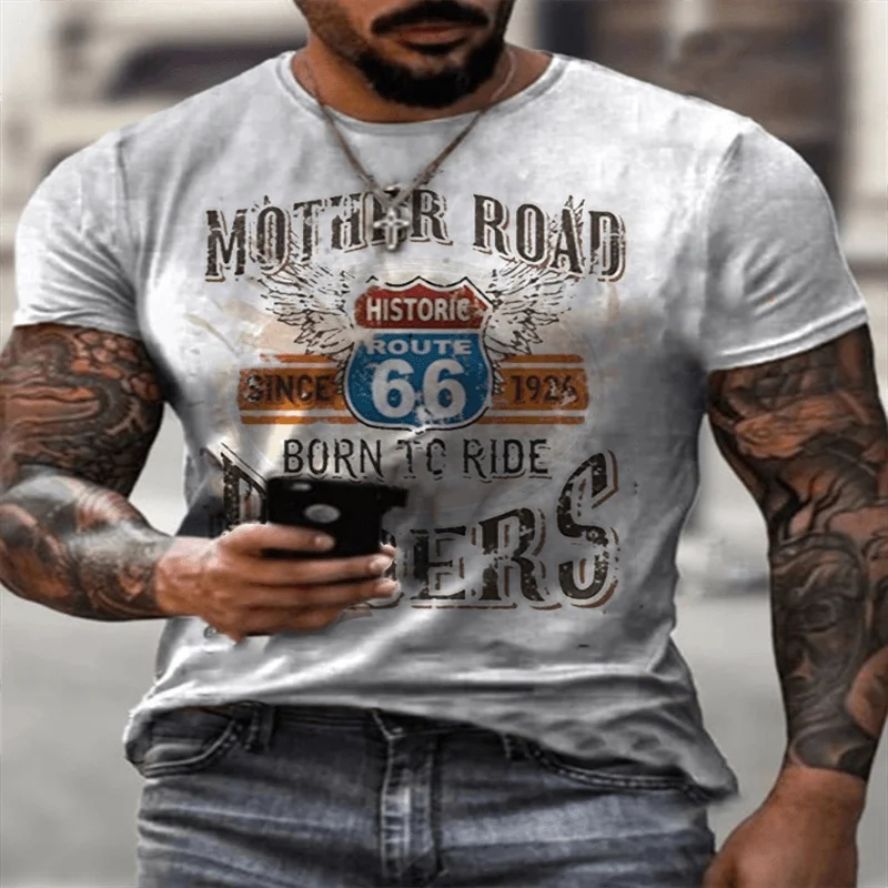 

Summer American Fashion Men's Personality T-shirt Oversized Comfortable Breathable Highway 66 3D Letter-printed Casual Retro