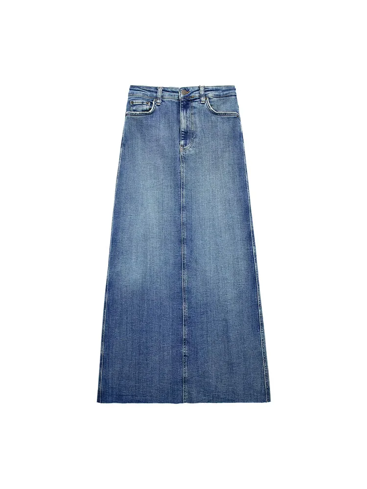 Denim Midi Skirt Vintage High Waist Slit Pockets Female Skirts Mujer