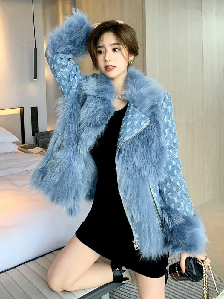 2022 Winter New Faux Fox Fur Denim Splicing Coat Short Thick Warm Cotton-Padded Jacket Korean Style Slimming Fur Coat Parkas