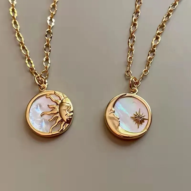 

Ins Simple Sun Moon Zircon Star Shell Round Coin Pendant Titanium Steel Necklace Gold Chain for Vintage Women Girl Party Jewelry