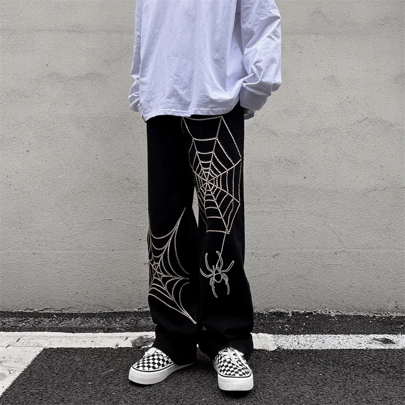 High Street Vibe Spider Web Jeans Men's Spring And Autumn Fashion Brand Ins Street Fashion Design Wide Leg Pants